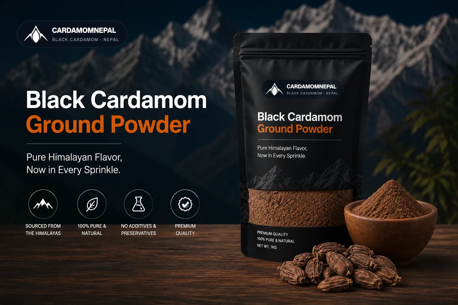 Black cardamom ground powder in bulk, Nepal export, ISO lab certified