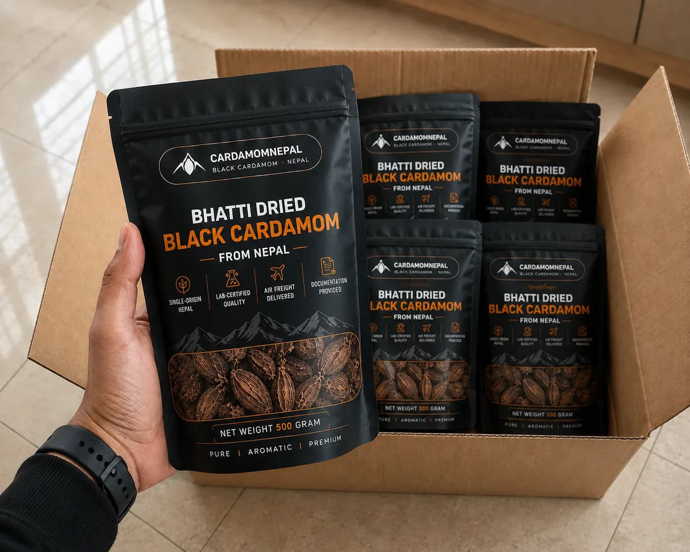 Kitchen pouch of Bhatti-dried black cardamom from Nepal, 500g resealable valve pouch, lab-certified