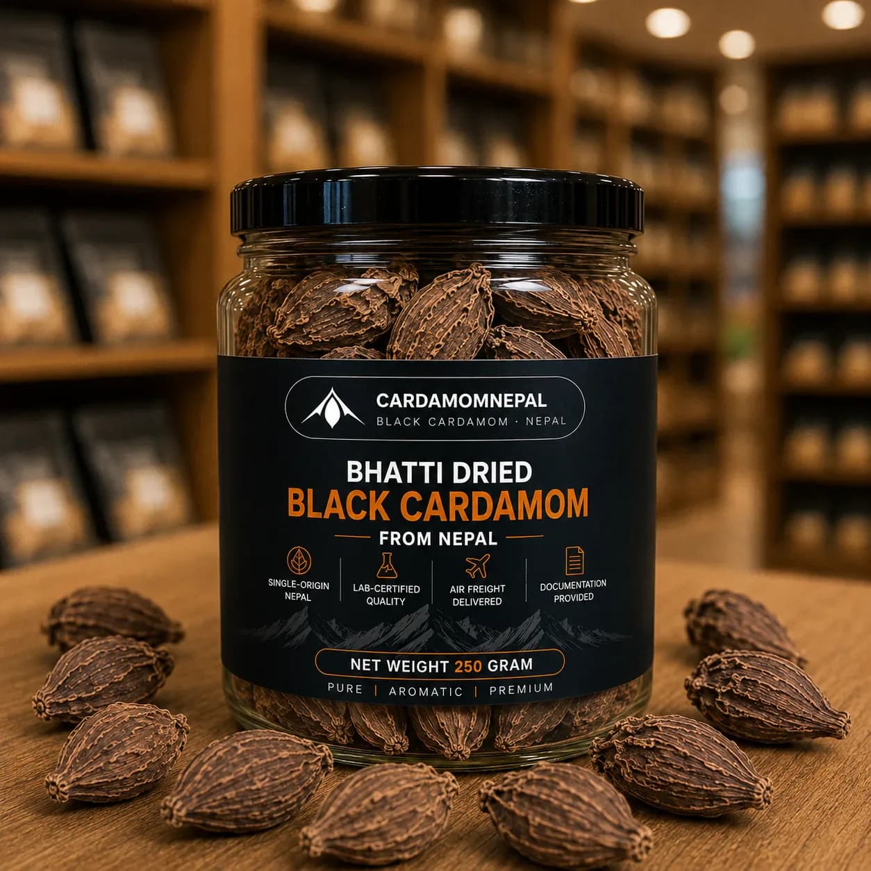 Signature jar of Bhatti-dried black cardamom from Nepal, 250g amber glass, lab-certified