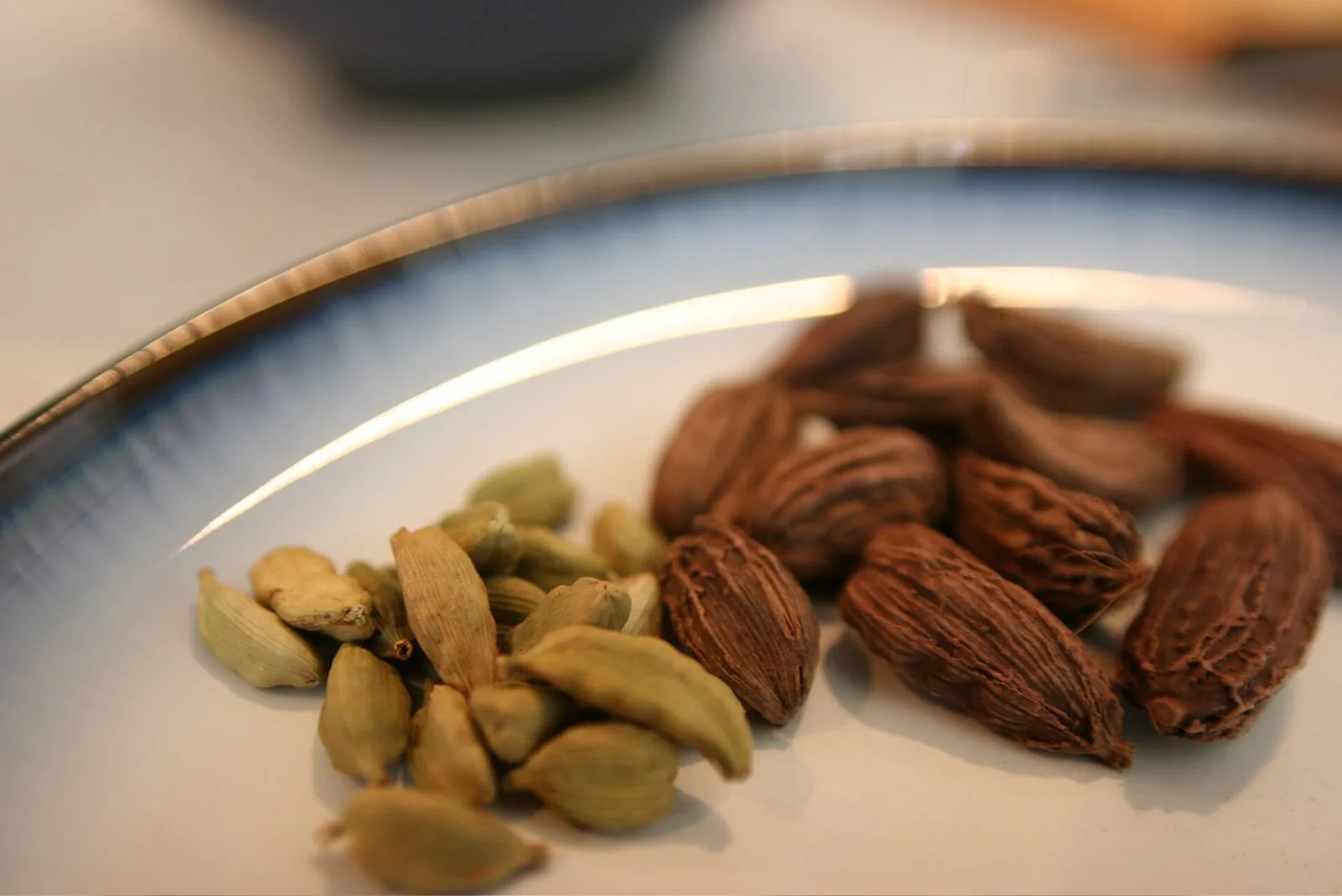 Black and green cardamom pods on a dark ceramic plate