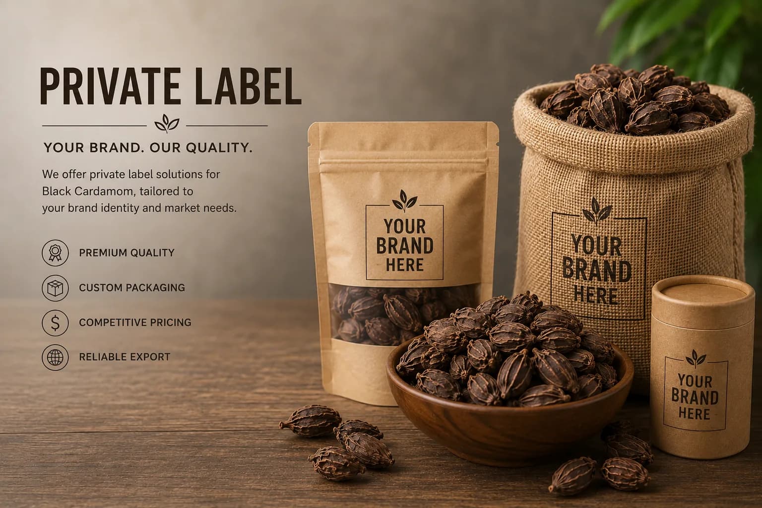 Black cardamom private label packaging options from CardamomNepal, custom branding Nepal