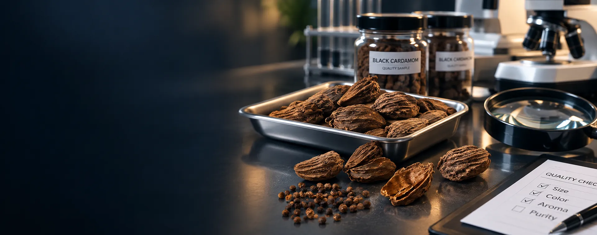 Black cardamom pods in a steel tray beside a microscope and a quality checklist in a testing lab