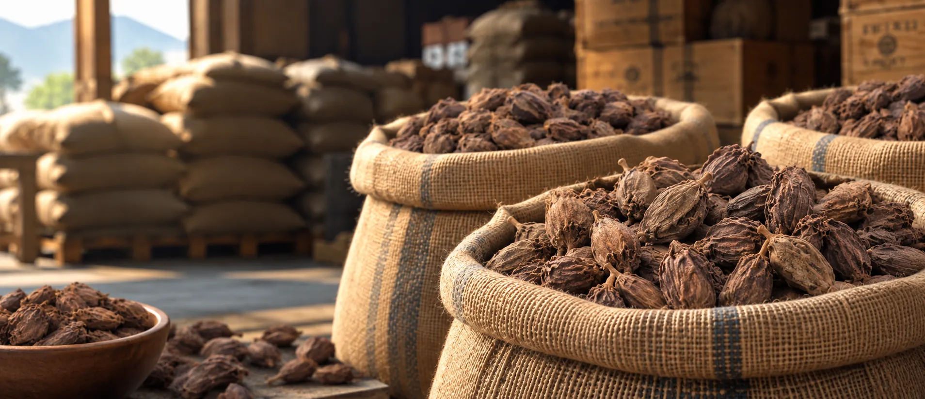 Bulk Nepalese black cardamom pods in burlap sacks at a wholesale spice warehouse